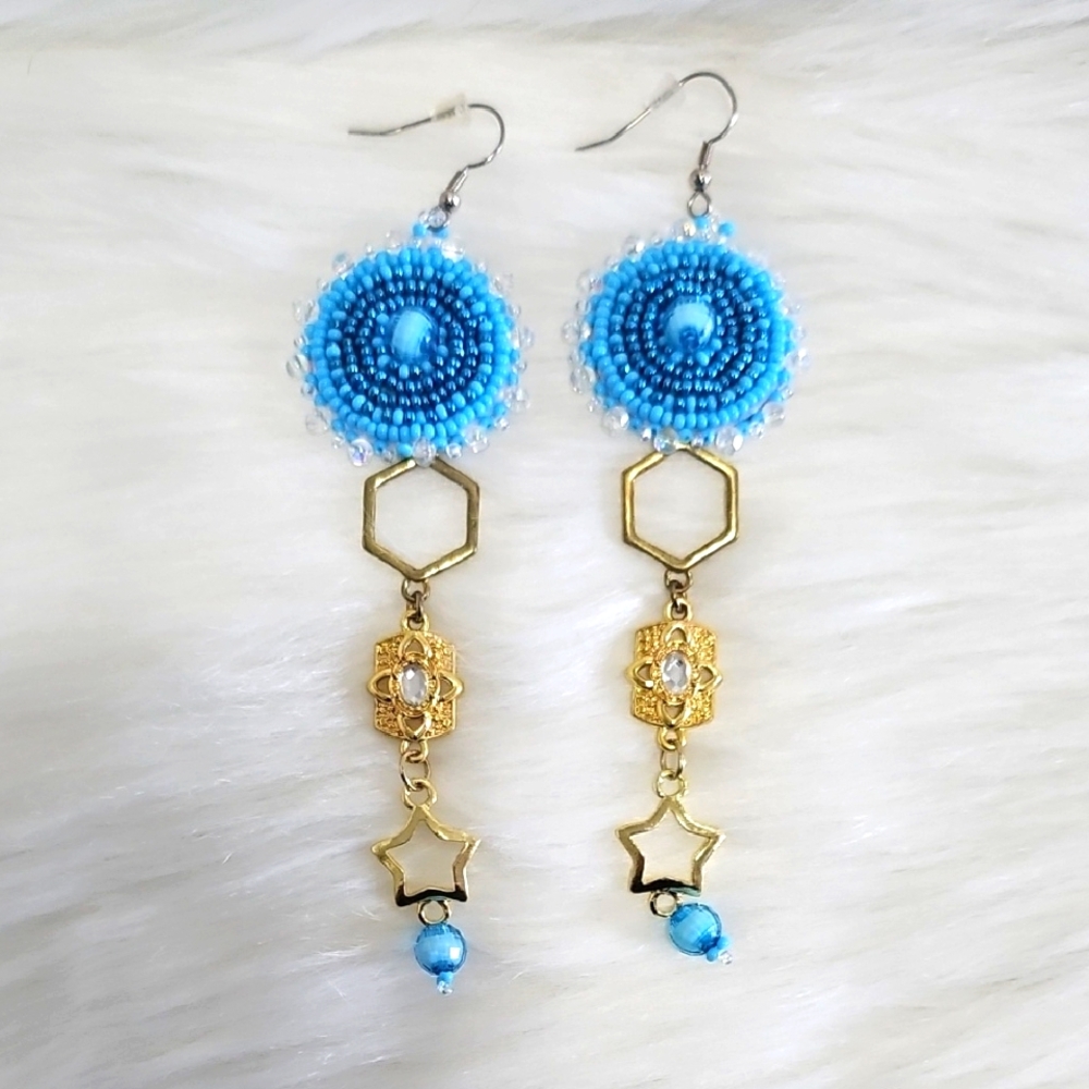 One Of A Kind Blue and Gold Beaded Earrings